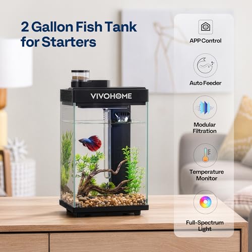 VIVOHOME 2 Gallon Smart Fish Tank with APP Control, Aquarium Starter Kit with Auto Feeder, Filter, Temperature Display, RGB LED Light, Desktop Mini Fish Tank for Betta, Shrimp