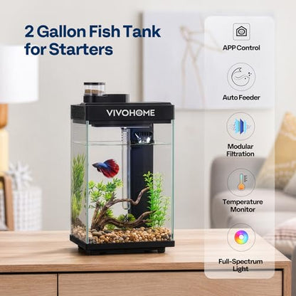 VIVOHOME 2 Gallon Smart Fish Tank with APP Control, Aquarium Starter Kit with Auto Feeder, Filter, Temperature Display, RGB LED Light, Desktop Mini Fish Tank for Betta, Shrimp