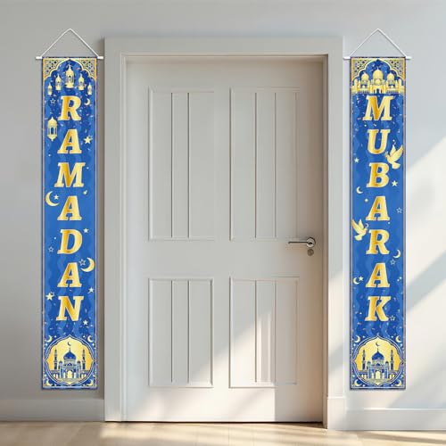 WANDIC 180 * 30cm Eid al Fitr Porch Banner, 2Pcs Blue Gold Ramadan Decorations Mubarak Eid Kareem Banner Muslim Porch Door Sign Indoor Outdoor Decor - color: Blue Gold Eid al Fitr