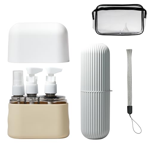 TSA Approved Travel Bottles Set – Leakproof Refillable Silicone Containers with Clear Toiletry Pouch, Toothbrush Holder & Funnel, Carry-On Travel Kit - color: Ivory Cream