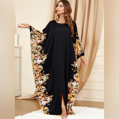 ODIZLI Ramadan Abaya for Women Muslim Batwing Sleeve Floral Print Prayer Dress Dubai Turkey Kaftan - color: Black