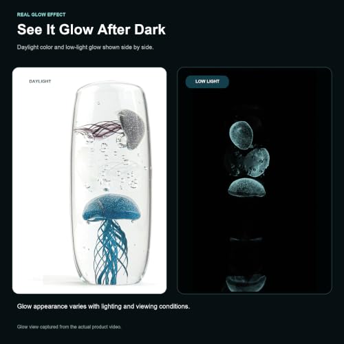 Glow in the Dark Jellyfish Paperweight, 6.8" Tall Glass Cylinder Aquarium with 3 Floating Jellies (Blue, White, Grey), Luminous Ocean Decor Night Light for Home Office