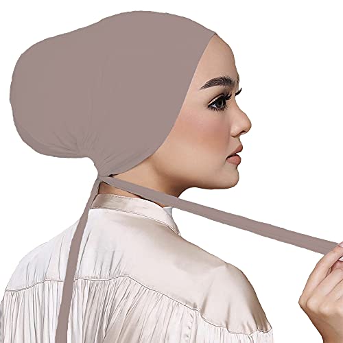 Women Under Scarf Hat Hijab Undercap Islamic Muslim Under Scarf Hijab Cap with Tie-Back Closure - color: White+light Khaki(2pcs)