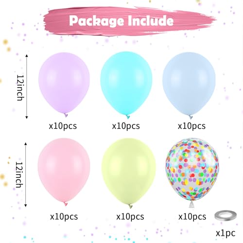 Pastel Balloons, Multicolor Macaron Balloons Colorful Latex Party Balloon, Baby Pink Blue Purple Yellow and Teal Rainbow Confetti Balloon for Kids Pastel Birthday Easter Party Baby Shower Wedding - color: Pastel