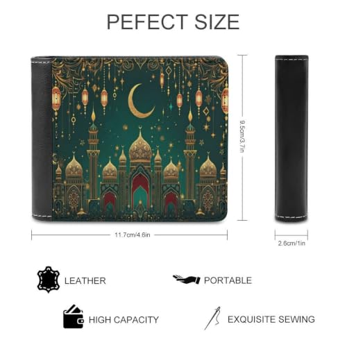 Green & Golden Islamic-Inspired Bifold Wallet 4.6x3.7 Inch,Slim Compact Folding Wallet with Card Slots And Cash Pocket Lightweight Wallet for Everyday Carry Travel Business - color: Green & Golden Islamic-Inspired