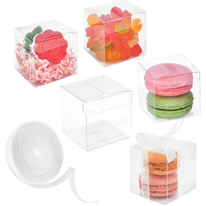 100 Pack 2x2x2 Inches Clear Favor Boxes with Ribbons, Mini Transparent Cube Treat Boxes for Candy & Chocolate Bomb, Plastic Individual Macaron Packaging Box for 2 - color: 2x2x2 Inch