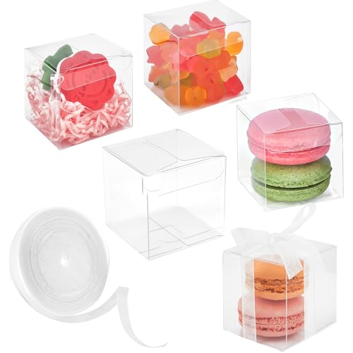 100 Pack 2x2x2 Inches Clear Favor Boxes with Ribbons, Mini Transparent Cube Treat Boxes for Candy & Chocolate Bomb, Plastic Individual Macaron Packaging Box for 2 - color: 2x2x2 Inch