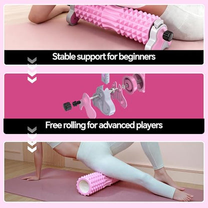 Foam Roller with Detachable Stand, 18” Deep Tissue Massage Roller | 3-Level Height Adjustable Support, Beginner-Friendly Design for Home Workout & Muscle Recovery - Pink - color: Pink