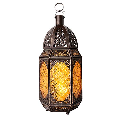 Lewondr Ramadan Lantern Decorations, Glass Moroccan Bookshelf Lantern, Gold - color: Copper&yellow - B