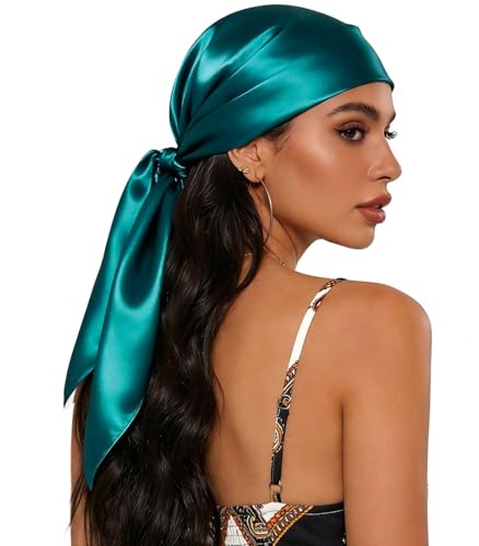 Sumolux Head Hair Scarf for Women 35" Like Satin Silk Scarf Hair Wrapping Night Bandana Large Square Scarves - color: A Solid Peacock Blue