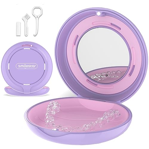 Retainer Case, Slim Aligner Case with Adjustable Vent Holes and Mirror, Compatible with Invisalign, Night Guard and Mouth Guard, Premium Retainer Case, With Aligner Remover Tool, Chew & Brush - color: Round: Purple