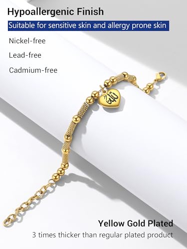 PROSTEEL Allah Bracelet, Muslim Islamic Jewelry Religious Islam Arabic God Charm Stainless Steel Beads Chain Bracelet, fits wrist from 5.9'' to 7.9'', Come with Box - color: 01 gold-allah heart