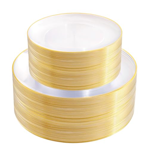 PULOTE 100PCS Clear and Gold Plastic Plates - Heavy Duty Clear Disposable Plastic Plates With Gold Trim for Wedding&Party Include 50 Dinner Plates, 50 Dessert Plates - color: clear&gold