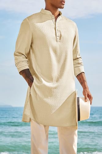 Runcati Mens Kaftan Thobe Textured Henley Shirt Long Sleeve Robe Casual Muslim Gown Shirt - color: Beige, size: Medium
