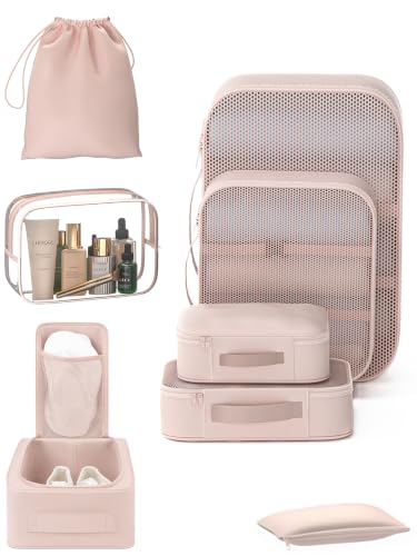 8 Set Packing Cubes for Travel with Clear Toiletry Bag, Durable Luggage Packing Organizers, Carry-On Accessories, TSA Approved See-Through Cubes, Space-Saving Storage Bags, Gifts for Women - color: Beige