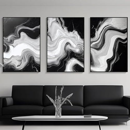 Black And White Marble Canvas Wall Art Modern Abstract Painting White Grey Prints Modern Black And Grey Canvas Dark Abstract Paintings minimalist Marble Painting For Living Room 16x24inchx3 Frameless - color: White