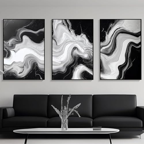Black And White Marble Canvas Wall Art Modern Abstract Painting White Grey Prints Modern Black And Grey Canvas Dark Abstract Paintings minimalist Marble Painting For Living Room 16x24inchx3 Frameless - color: White