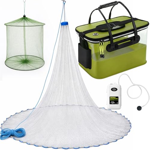 3 Pcs Fishing Bucket, Live Bait Aerator and Fishing Cast Net with Heavy Duty Sinker Foldable Live Bait Bucket Portable Quiet Aerator Fish Transport Container Outdoor EVA Bag - color: Green, size: 4 Gallon