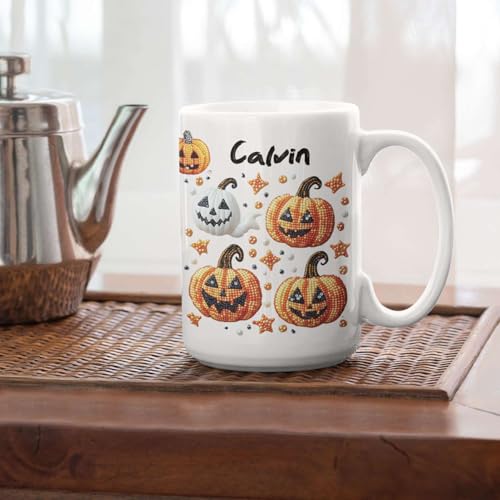 Personalized Sparkling Halloween Stickers Full Wrap Mug, Customized Name Coffee Cup 11oz 15oz, Customized Halloween Ghost And Pumpkin Ceramic Mug, Festive Autumn White Cup For Family - color: XUA-1124-3651-Halloween Mug