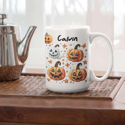 Personalized Sparkling Halloween Stickers Full Wrap Mug, Customized Name Coffee Cup 11oz 15oz, Customized Halloween Ghost And Pumpkin Ceramic Mug, Festive Autumn White Cup For Family - color: XUA-1124-3651-Halloween Mug