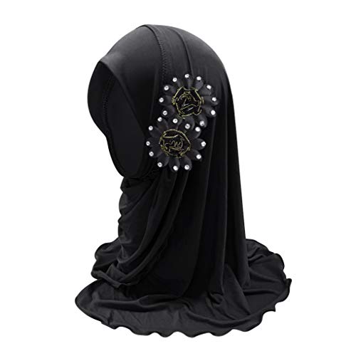 Girls Muslim Hijab Floral Lace Head Scarf Kids Islamic Arab Scarf Shawls Head Wrap with Flowers - color: Black