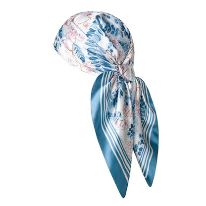 Silk-Feel 35x35 Satin Hair Scarf | Multi-Way Head Wrap for Sleep, Style & Hijab | Gift-Ready Fashion Scarf for Women - color: Blue-flowers