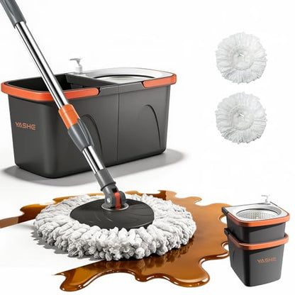 YASHE Foldable Spin Mop and Bucket System, Dual-Bucket Cleaning & Stainless Steel Wringing, Collapsible Storage with Detergent Bottle, 2 Reusable Microfiber Mop Heads for Floor Cleaning