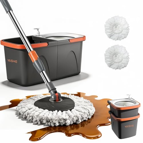 Mop and Bucket Set with Wringer, Stackable Spin Mop and Bucket | Stackable Storage Bucket, Hands-Free Wringing, 360° Spin Mop Head, Washable Mop Heads