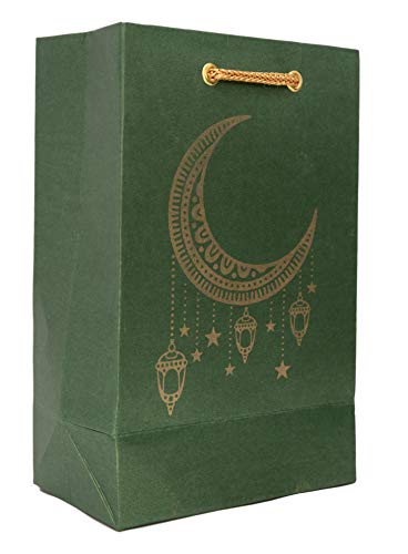 Desi Favors Small Gift Bags for Eid or Ramadaan or Any Religious Events, Paper Shopping Bags with Twill Handles, Craft Totes in Bulk, Small Business, Retails Stores - 8x3x5 Inch (Pack of 8) - color: Green