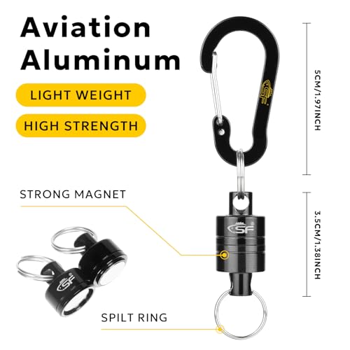 SF Strongest Magnetic Net Release Magnetic Keychain Fly Fishing Net Retractor Magnet Clip Holder Retractor with Retractable Coiled Lanyard Carabiner - color: Black Magnet+ Black Aluminum Alloy Hook
