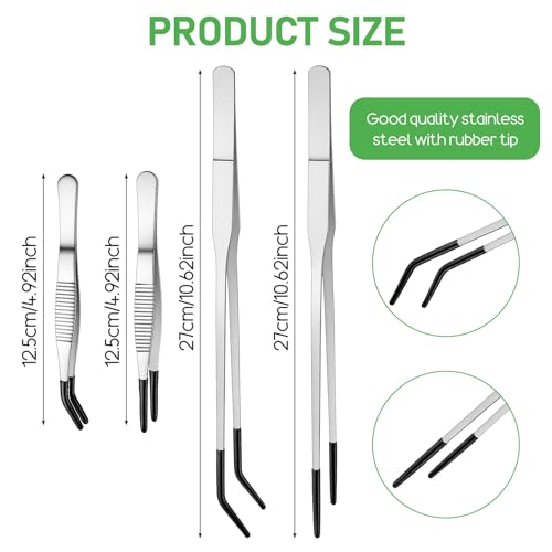 4PCS Reptile Feeding Tongs Long Tweezers for Aquarium Crafts Tank | Stainless Steel Feeding Tongs, 10.6" Straight and Curved Tweezers with Soft Rubber Tip Terrarium Supplies
