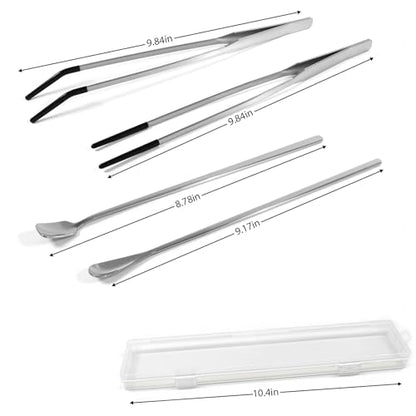 4 Pcs Reptile Feeding Tools Set with Silicone Tips - Extra Long Straight & Curved Tongs, Spoons - Stainless Steel Terrarium Feeder Kit for Bearded Dragons, Lizards, Snakes, Spiders, Aquarium