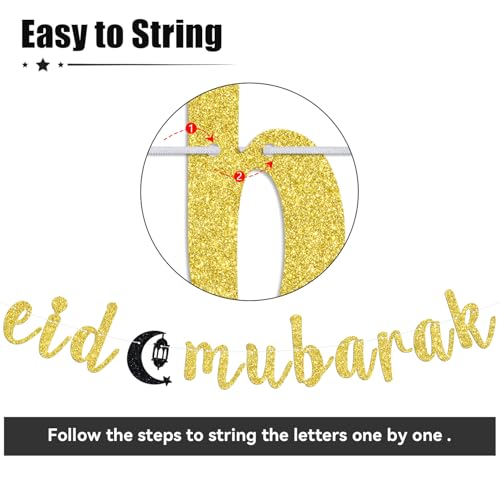 Eid Mubarak Banner, Ramadan Mubarak Banner for Hajj Eid Umrah Islamic Festival Muslim Party Decorations Supplies Gold Glitter