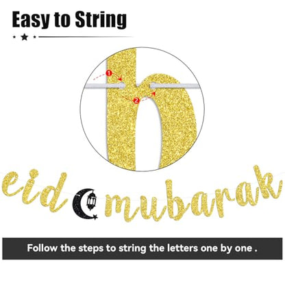 Eid Mubarak Banner, Ramadan Mubarak Banner for Hajj Eid Umrah Islamic Festival Muslim Party Decorations Supplies Gold Glitter