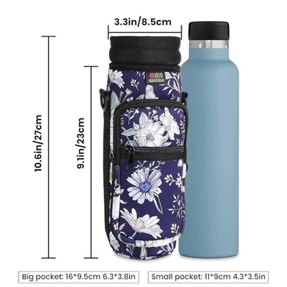 Nuovoware Water Bottle Carrier Bag, 25oz/32oz, Blue Cosmos | Adjustable Shoulder Hand Strap, 2 Pocket, Neoprene Sleeve, For Hiking Travelling Camping - color: Blue Cosmos, size: 25-32 Ounces - Standard