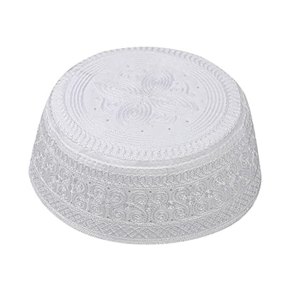 PURFUN Mens Embroidered Kufi Muslim Prayer Hat Soft Islam Religious Arabic Cap - color: S Pattern/White, size: Medium