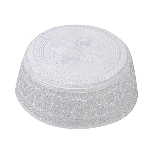 Muslim Prayer Kufi Hat for Men Boys Islamic Beanie Skull Cap Prayer Headwear Embroidery Kofia Topi Sun Hat Ramadan Eid Gift - color: White