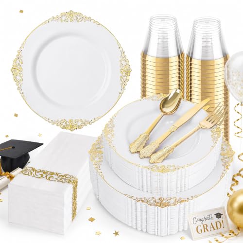 Hioasis 175pcs White and Gold Plates - White Party Plates for 25 Guest, Include 50 Heavy-duty Plates(20% Thicker Than Standard), 25 Cutlery Set, 25 Napkin, 25 Cups for Party & Wedding & Graduation - color: White and Gold