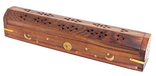 Govinda Wooden Coffin Incense Burner - 12" Sun Moon Star - Brass Inlays - Storage Compartment … - style: Sun Moon Star
