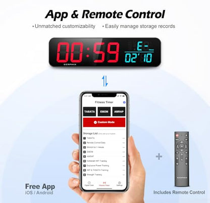 15.2" Gym Timer, App & Remote Control, Customizable LED Colors, Temperature, Date, Workout Interval Timer Stopwatch Countdown Large Digital Wall Clock for Home Gym Garage