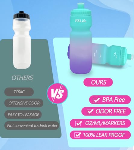 BPA Free Bike Water Bottle 24oz, Leakproof & Reusable Cycling Squeeze Bottle with Pull-Top Lid & Capacity Scale, for Bicycle, Mountain Bike, Gym, Running, School, Hiking - color: Green pink