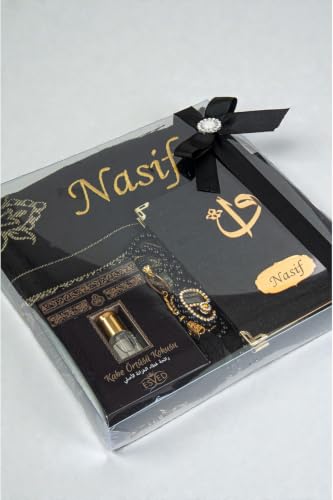 SODEF Personalized Prayer Rug Set for Men - Islamic Gift Set with Name Engraved Yasin Book, Rosary, Zikirmatik, and Perfume - Black Cotton - Black, 26x45 inch