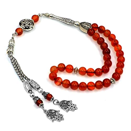 Stylist Prayer Beads (8 mm-33 Beads) Tesbih-Tasbih-Tasbeeh-Misbaha-Masbaha-Subha-Sebha-Sibha-Rosary-Worry Beads (Red Agate Stone) - color: Red Agate Stone