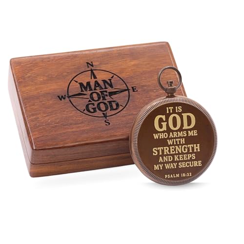 Man of God Compass – Psalm 18:32 Scripture Engraved – Solid Brass Pocket Compass with Engraved Wooden Box– Christian Gift for Men, Son, Husband, Graduation, Travel Keepsake