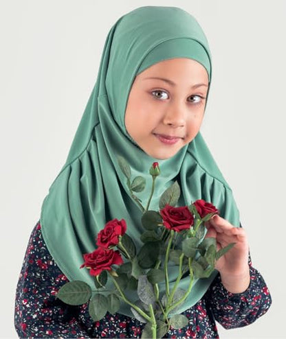 Modefa Islamic Girl Child Practical Amira Hijab Two Piece Muslim Scarf & Bonnet - Instant Easy Hijab - color: Mint Jade
