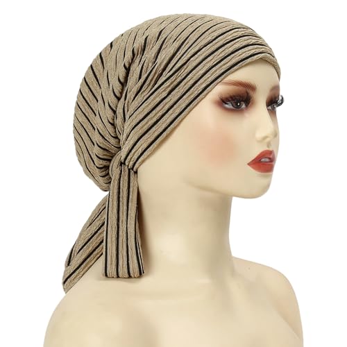 Suillty Women's Pre-Tied Muslim Hijab Bonnet Pleated Ruffle Turban Chemo Cap Underscarf Islamic Headwear - color: Khaki Striped