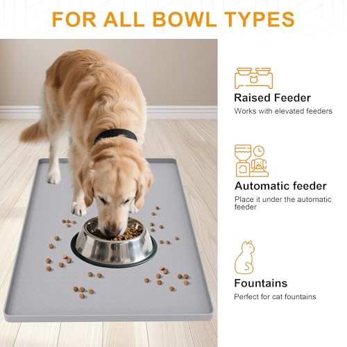 Mofason Pet Food Mat Waterproof Dog Mat 24”x16” Large – 0.5” inch Raised Edge,Pet Silicone Feeding Placemat Water Bowl Tray for Floors, Nonslip Washable Dog Mat for Food and Water