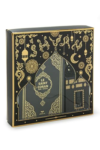 ihvan online Prayer Gift Set for Hajj and Umrah, Muslim Prayer Rug, Prayer Mat, Beads Taasbih, Holy Quran Translated French, Muslim Praying Mat, Islamic Gift Set for Ramadan & Eid, Black - color: French Black
