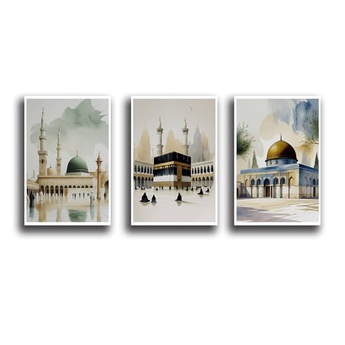 Islamic Wall Art Set of 3 Kaaba, Masjid al-Nabawi & Bait al-Maqdis Islamic Home Decor mecca gifts moroccan wall art 3Pcs Canvas Prints indoor Home decor for Living Room Bedroom Offices - color: Kaaba Masjid al-Nabawi & Bait al-Maqdis, size: 20x30in-3PCS-F