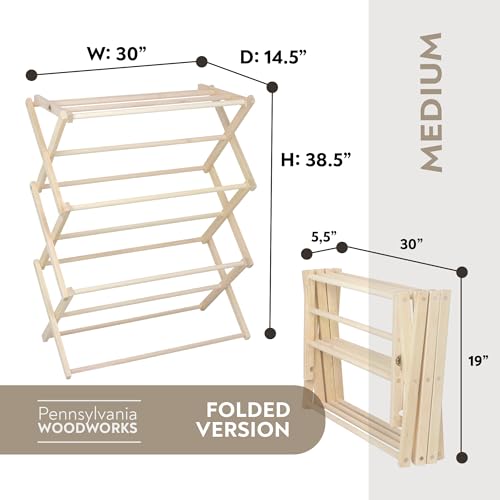 Pennsylvania Woodworks Premium American Maple Clothes Drying Rack - Handcrafted in Pennsylvania - Solid Wood Construction, Collapsible, Eco-Friendly Laundry Solution (Medium) - color: Medium | Flat Top